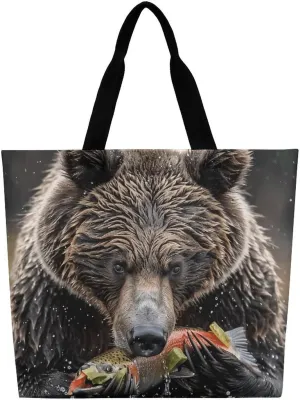Bear Eats Fish Tote Bag Large Women Casual Shoulder Bag Reusable Grocery Bag Fasion Handbag for Office Shopping Travel