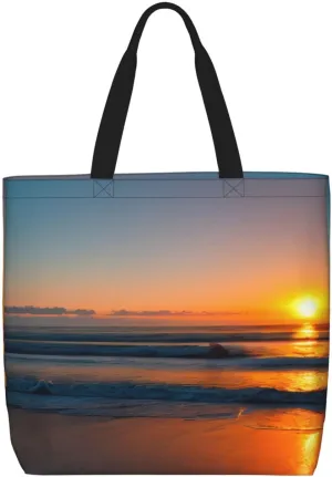 Beautiful Sunrise Ocean Print Large Capacity Zipper Shoulder Tote Bag,Reusable Grocery,Beach and Travel Bag