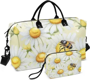 Bee Flowers Daisy Travel Duffel Bag with Toiletry Bag Weekender Bag for Carry on Sports Gym Bag for Sports Yoga Gym