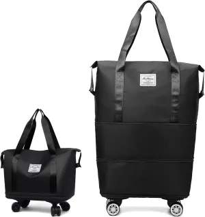 Beente Travel Bag With Wheels, 2025 New Large Capacity Travel Bag, Expandable Foldable Suitcase without Handle, Lightweight Durable Rolling Duffle Bag with Wheels (Black)