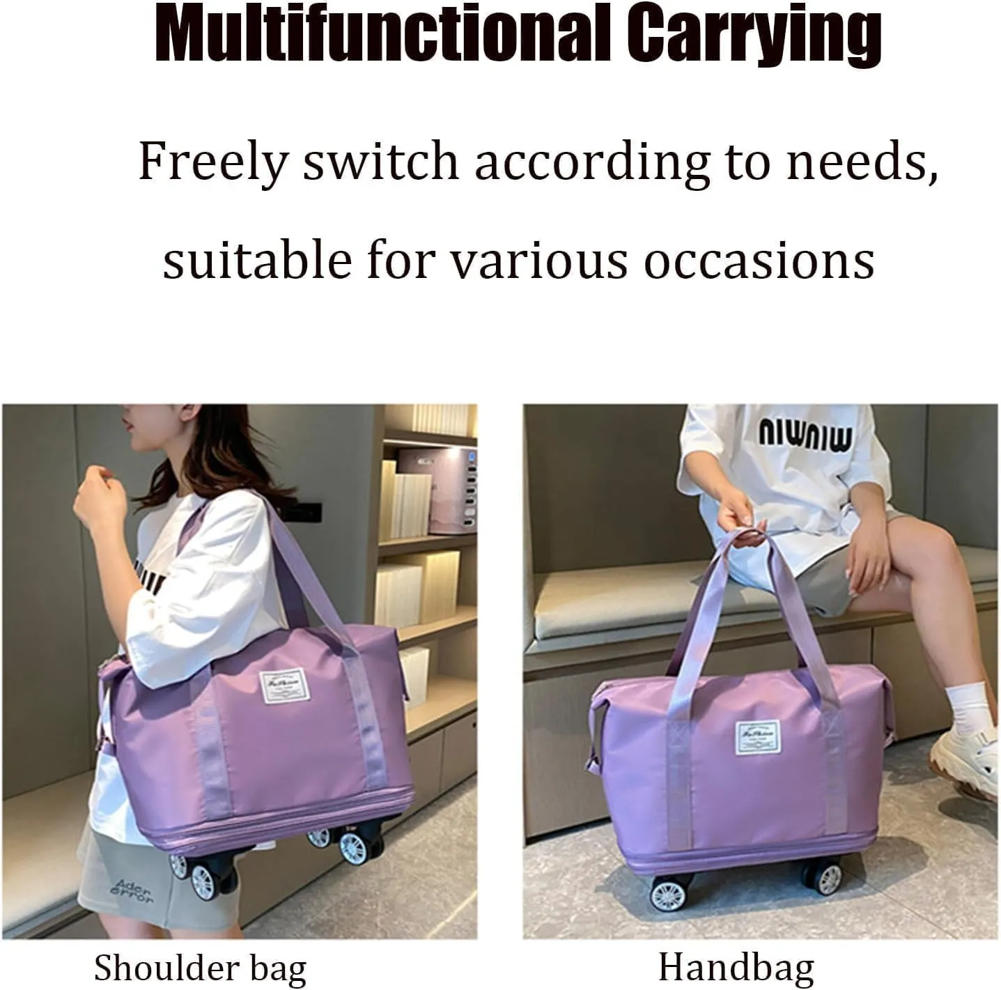 Beente Travel Bag With Wheels, 2025 New Large Capacity Travel Bag, Expandable Foldable Suitcase without Handle, Lightweight Durable Rolling Duffle Bag with Wheels (Dark Purple)