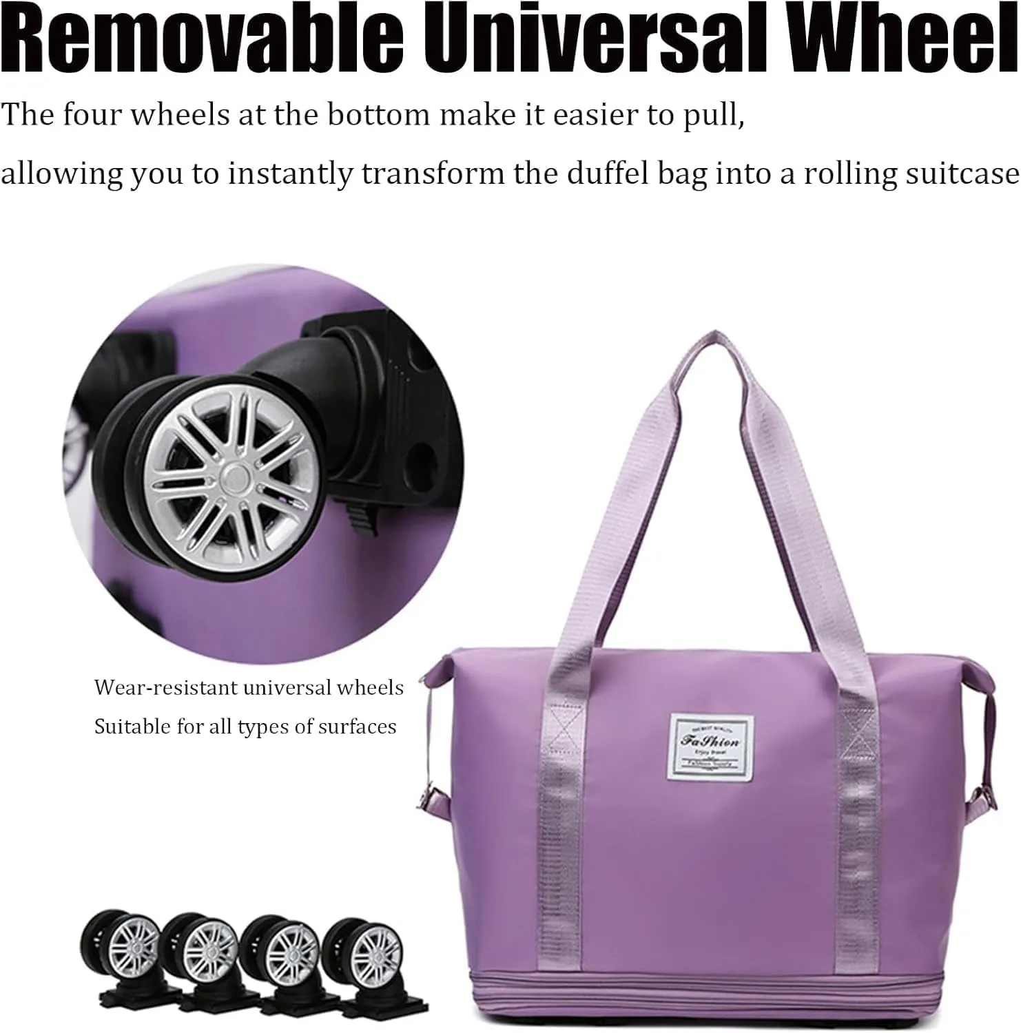 Beente Travel Bag With Wheels, 2025 New Large Capacity Travel Bag, Expandable Foldable Suitcase without Handle, Lightweight Durable Rolling Duffle Bag with Wheels (Dark Purple)
