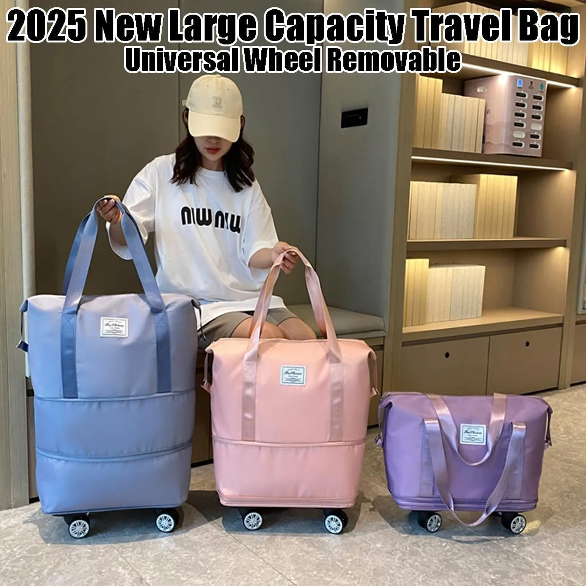 Beente Travel Bag with Wheels, 2025 New Large Capacity Travel Bag - Universal Wheel Removable, Expandable, Foldable, Lightweight Carry (Light Blue)