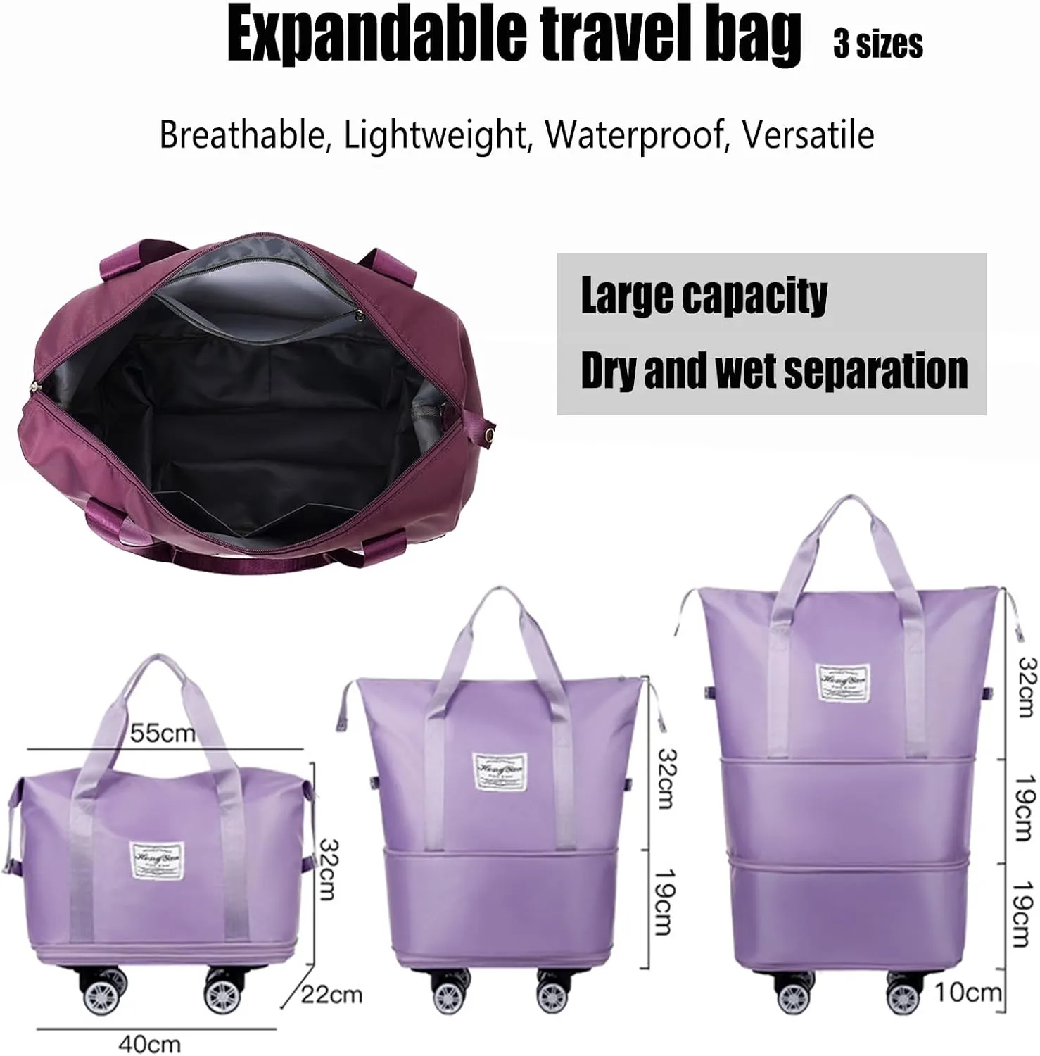 Beente Travel Bag With Wheels, 2025 New Large Capacity Travel Bag - Universal Wheel Removable Silent, Expandable Foldable Carry-On Luggage Bags, For Travel (Light purple)