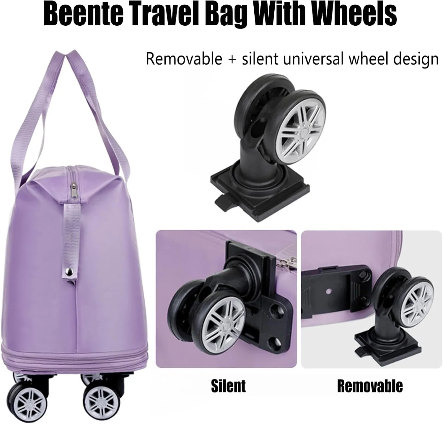 Beente Travel Bag With Wheels, 2025 New Large Capacity Travel Bag - Universal Wheel Removable Silent, Expandable Foldable Carry-On Luggage Bags, For Travel (Light purple)