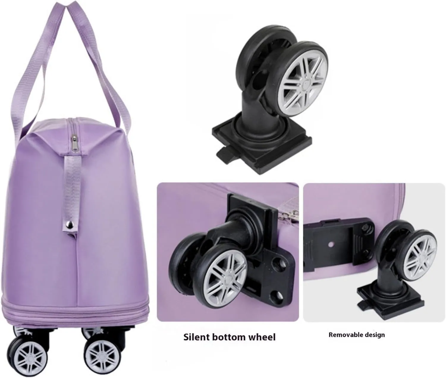 Beente Travel Bag with Wheels,Large Capacity Travel Bag, Rolling Tote Bag withWheels, Universal Wheel Removable (Light Purple)