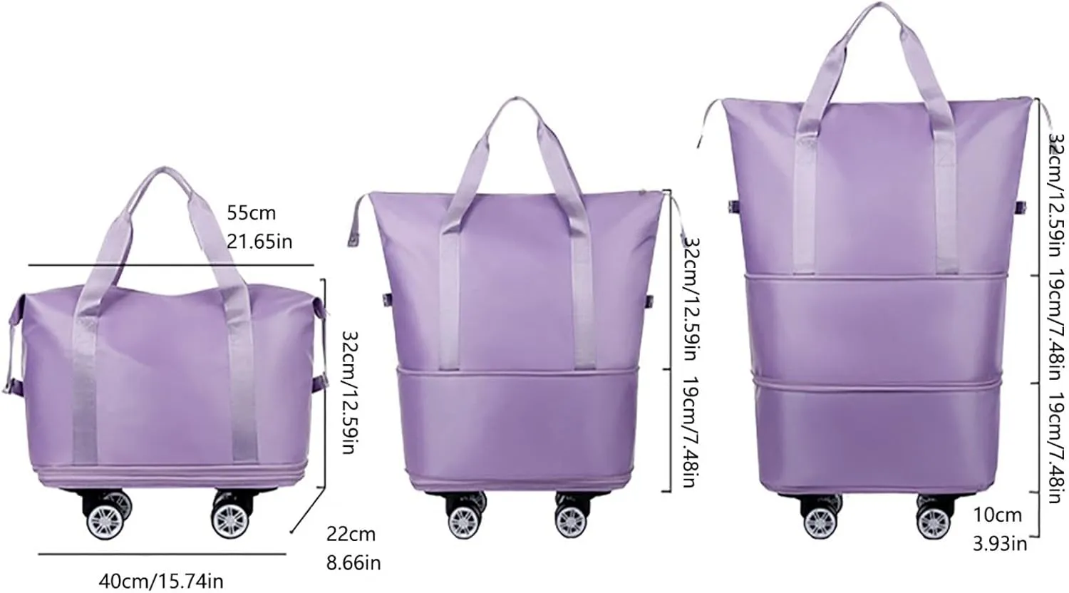 Beente Travel Bag with Wheels,Large Capacity Travel Bag, Rolling Tote Bag withWheels, Universal Wheel Removable (Light Purple)
