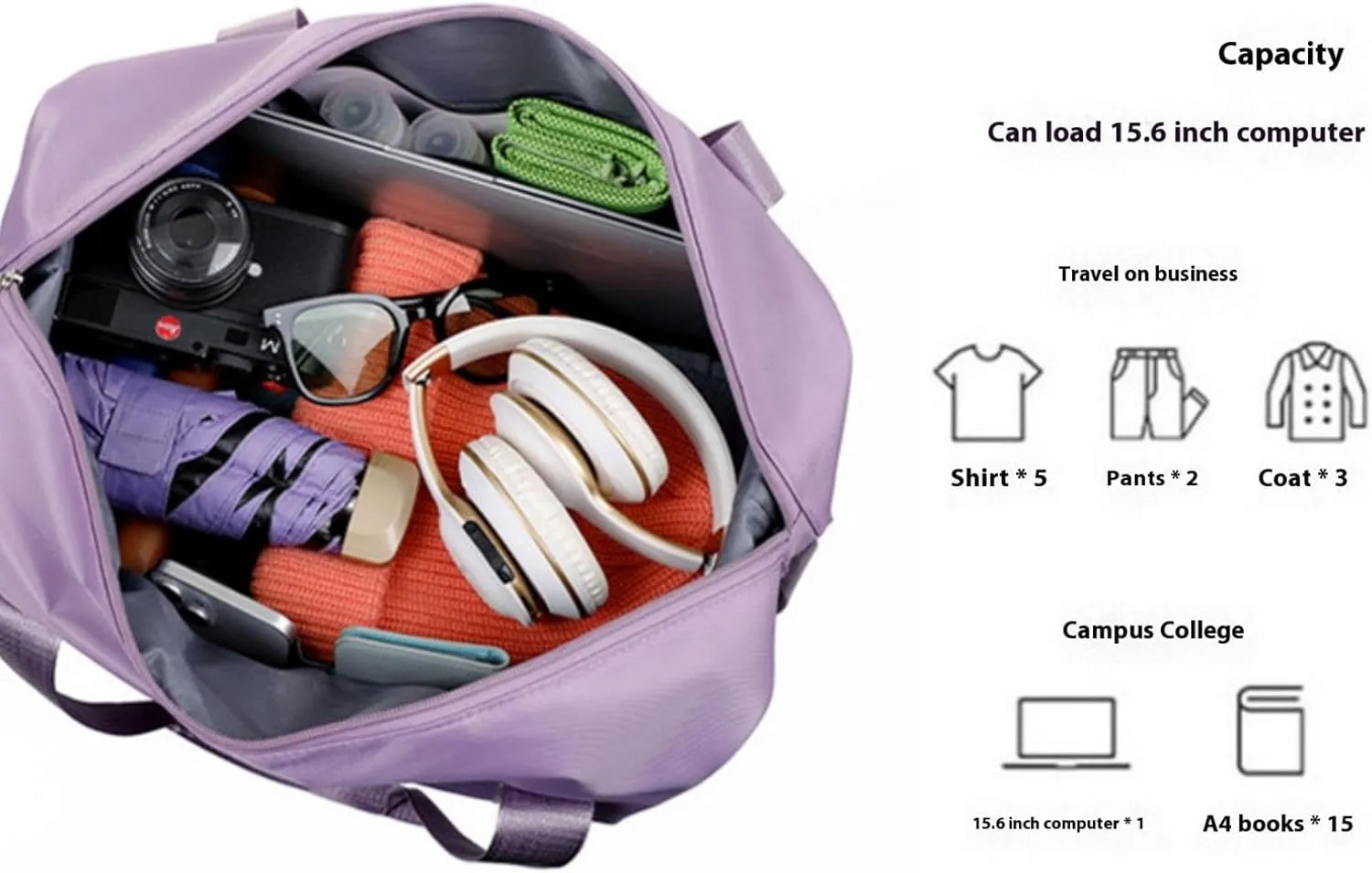 Beente Travel Bag with Wheels,Large Capacity Travel Bag, Rolling Tote Bag withWheels, Universal Wheel Removable (Light Purple)