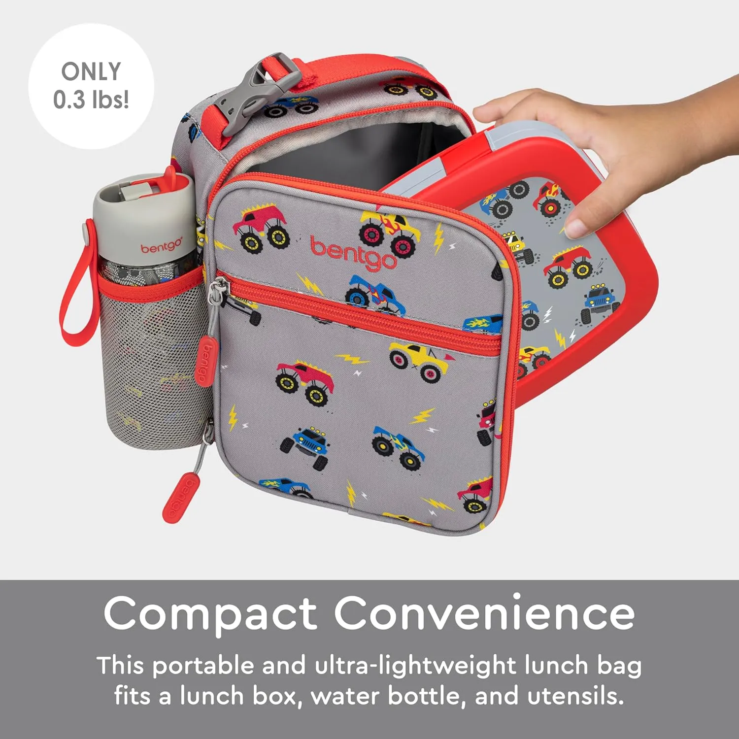 Bentgo Kids Insulated Lunch Tote - Water-Resistant, Reusable, Lightweight & Durable Lunch Bag with Water Bottle Holder & Exterior Pocket, Fits Lunch Box & Water Bottle - Ideal for Ages 3  (Trucks)