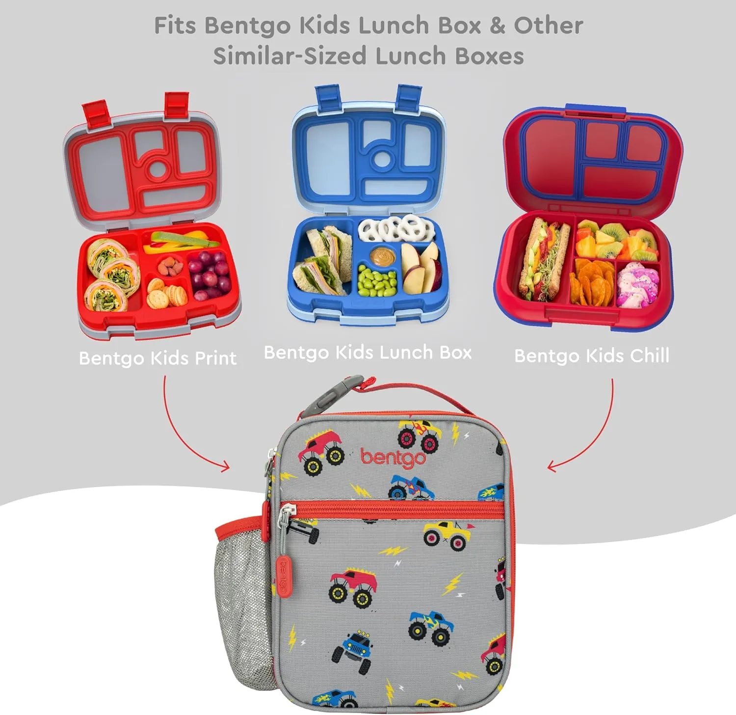 Bentgo Kids Insulated Lunch Tote - Water-Resistant, Reusable, Lightweight & Durable Lunch Bag with Water Bottle Holder & Exterior Pocket, Fits Lunch Box & Water Bottle - Ideal for Ages 3  (Trucks)