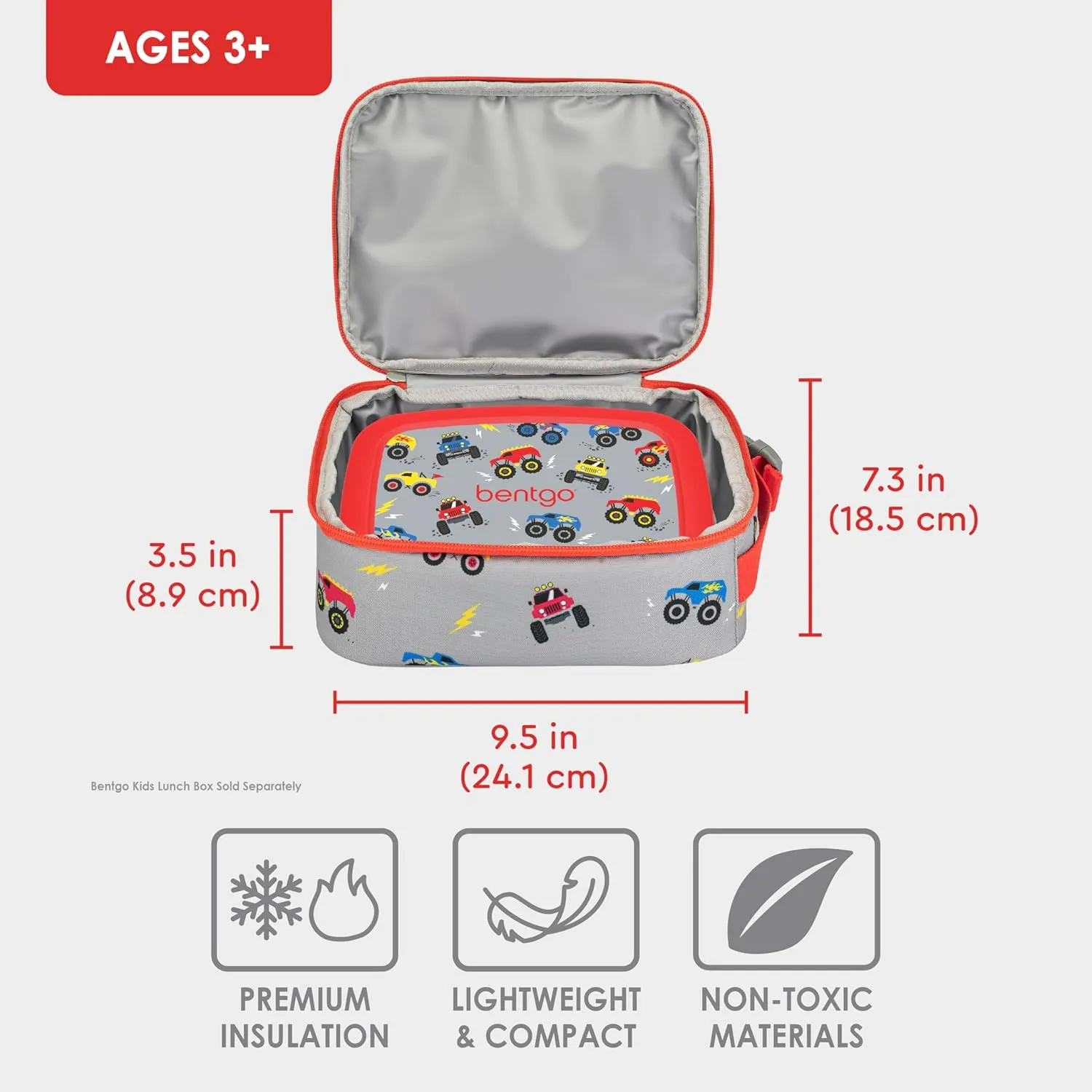 Bentgo Kids Insulated Lunch Tote - Water-Resistant, Reusable, Lightweight & Durable Lunch Bag with Water Bottle Holder & Exterior Pocket, Fits Lunch Box & Water Bottle - Ideal for Ages 3  (Trucks)
