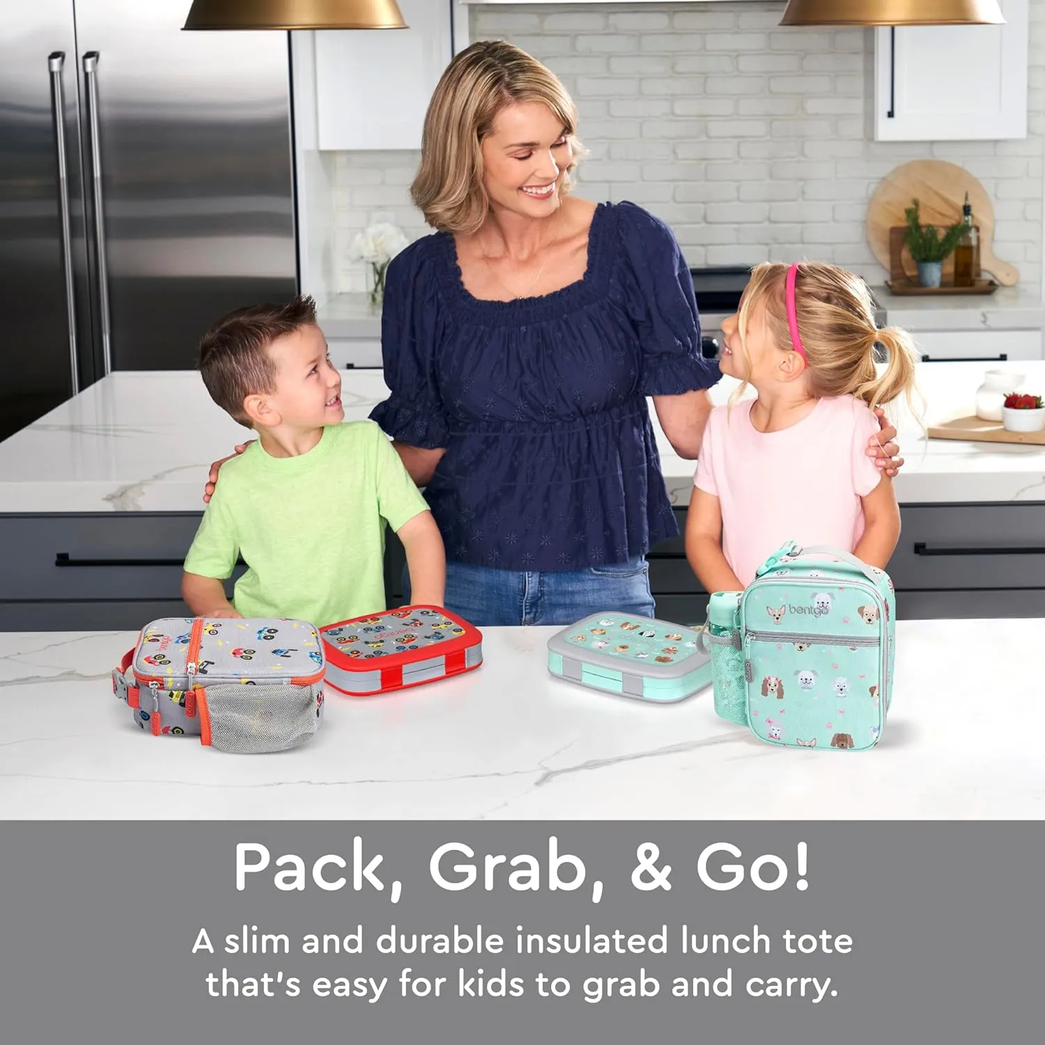Bentgo Kids Insulated Lunch Tote - Water-Resistant, Reusable, Lightweight & Durable Lunch Bag with Water Bottle Holder & Exterior Pocket, Fits Lunch Box & Water Bottle - Ideal for Ages 3  (Trucks)