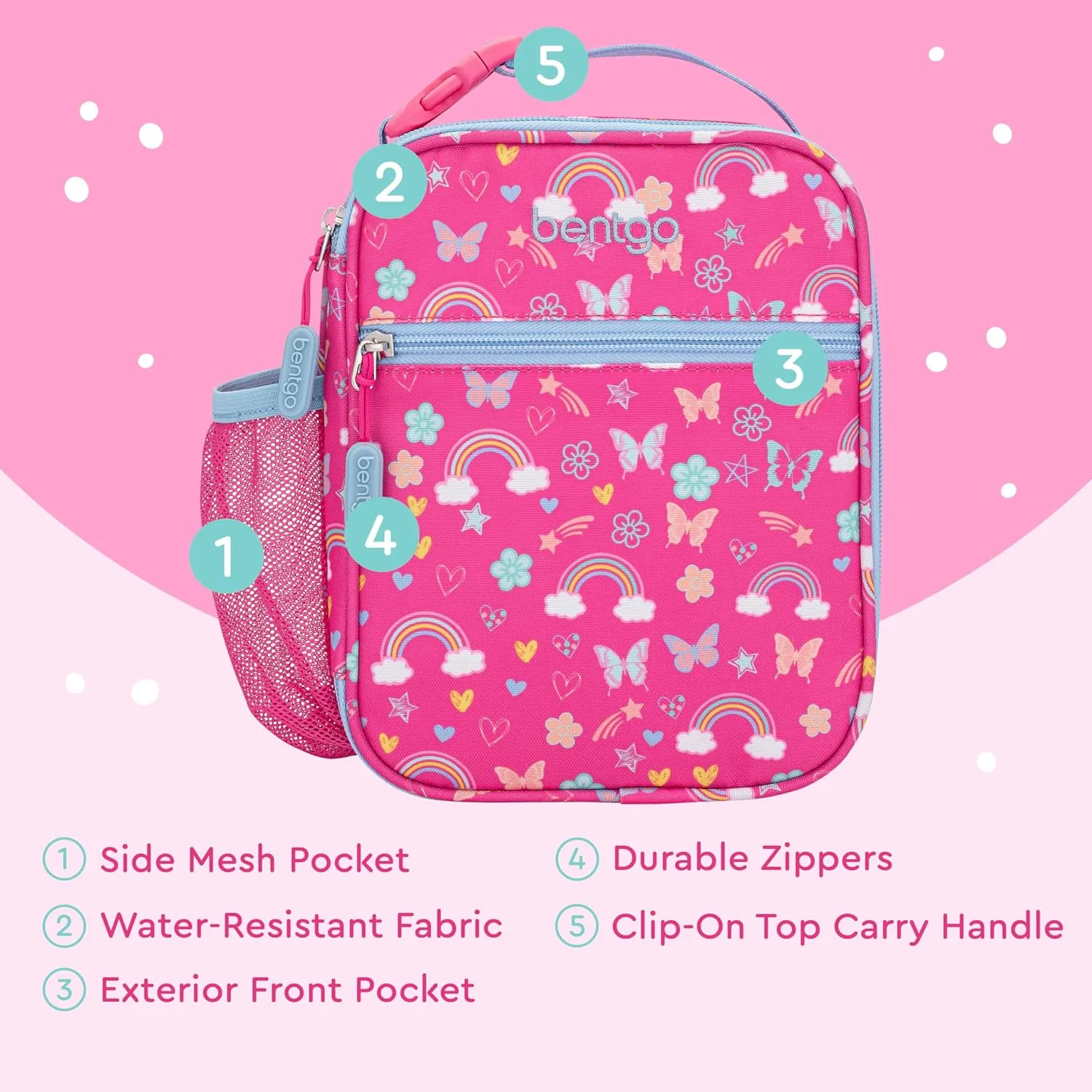 Bentgo Kids Insulated Lunch Tote - Water-Resistant, Reusable, Lightweight & Durable Lunch Bag with Water Bottle Holder & Mesh Pocket, Fits Lunch Box & Water Bottle - Ideal for Ages 3  (Rainbow)