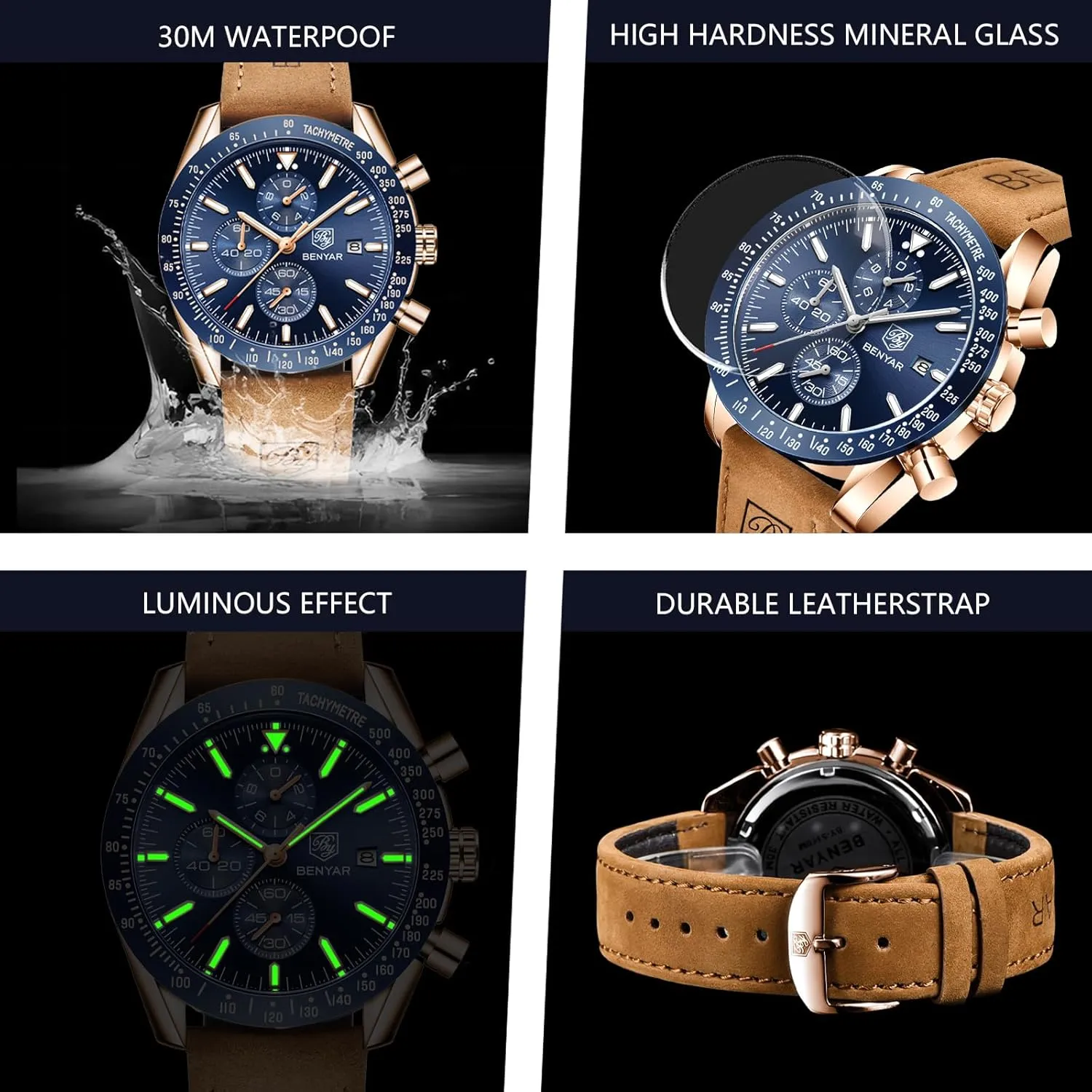 BENYAR Men's Watch Quartz Movement Chronograph 30M Waterproof Luminous Casual Sports Business Men's Leather Watch