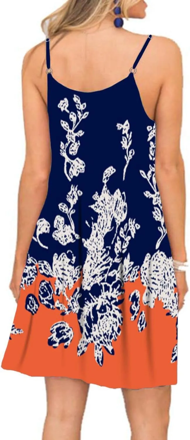 BEUFRI Women's Summer Spaghetti Strap Casual Swing Tank Beach Cover Up Dress with Pockets