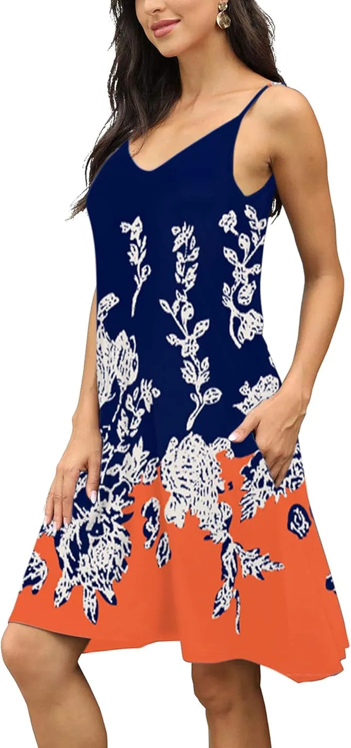 BEUFRI Women's Summer Spaghetti Strap Casual Swing Tank Beach Cover Up Dress with Pockets
