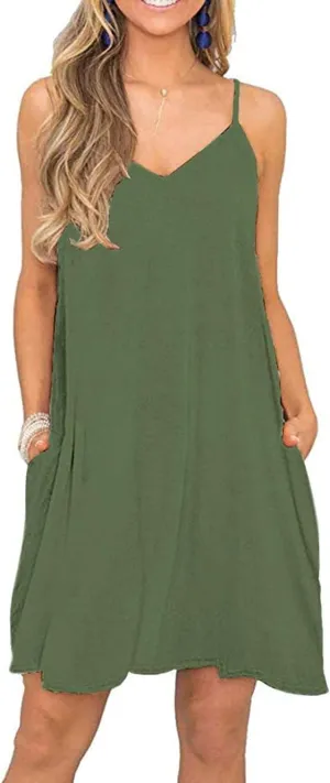 BEUFRI Women's Summer Spaghetti Strap Casual Swing Tank Beach Cover Up Dress with Pockets