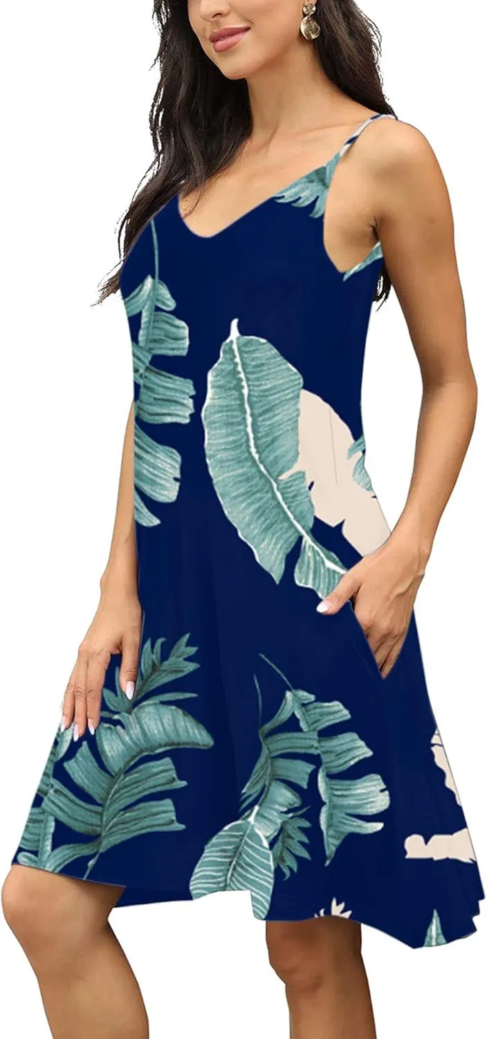 BEUFRI Women's Summer Spaghetti Strap Casual Swing Tank Beach Cover Up Dress with Pockets