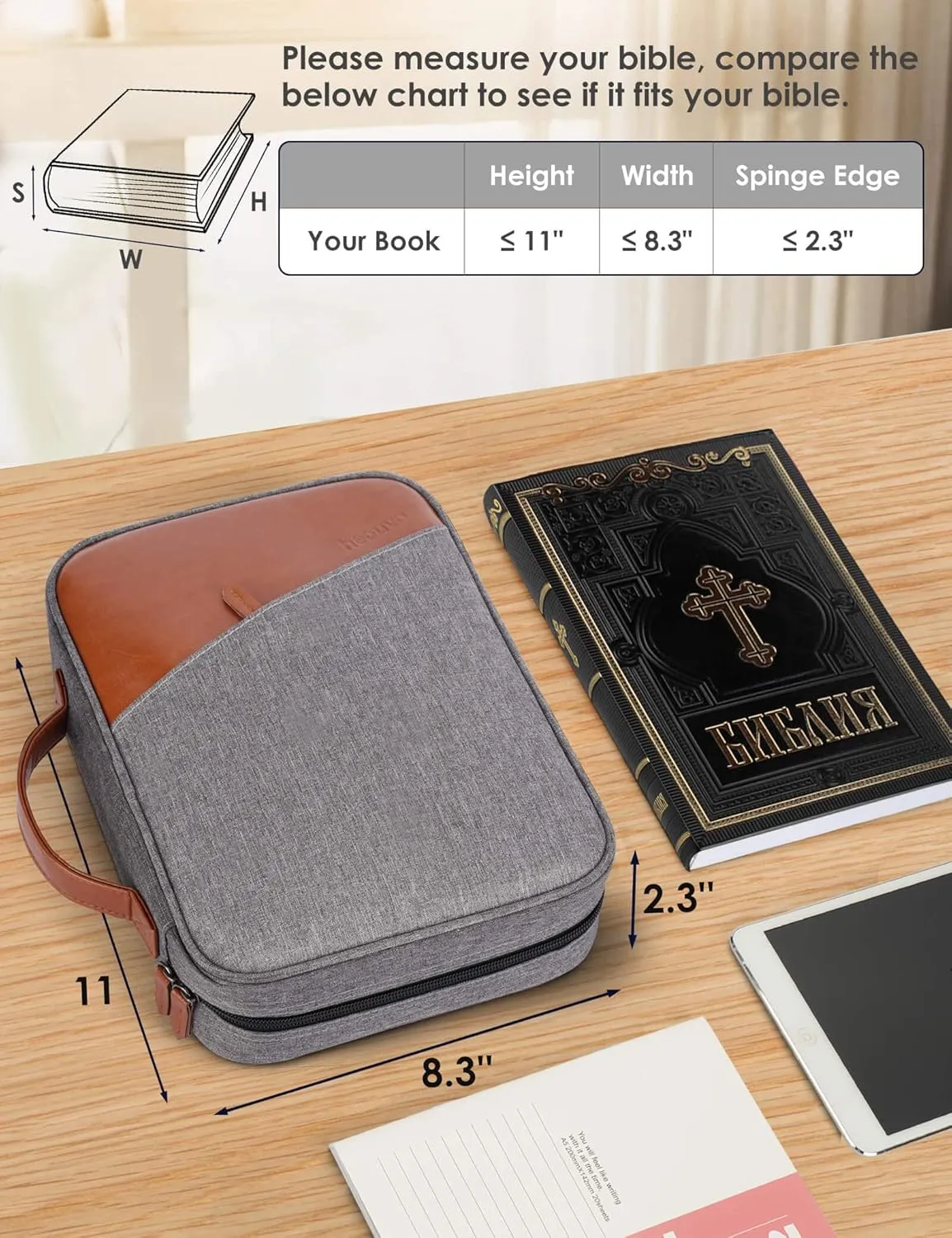 Bible Covers for Men, Bible Carrying Case with Pockets/Leather Handle, Multi-Functional Large Size Zippered Bible Bag, Great for Bible Study/Daily Use, Bible Case for Men (Gray)