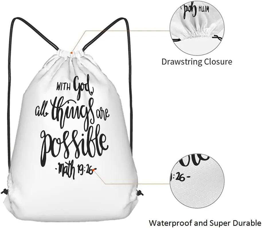 Bible Verse Drawstring Bags Backpack Bag Christian Hope With God All Things Are Possible Quote Hand Drawn Sport Gym Sack Drawstring Bag String Bag Yoga Bag for Men Women