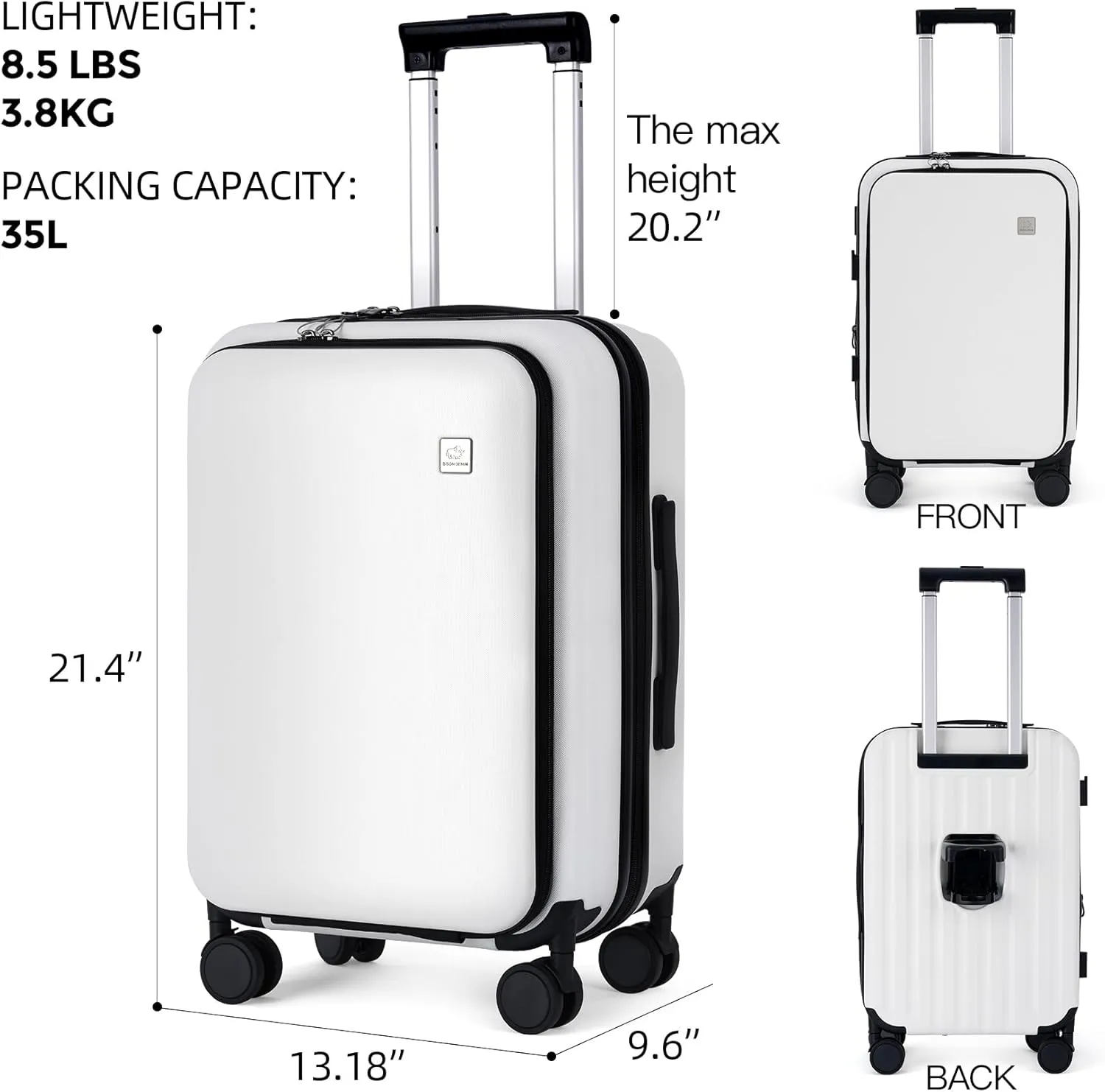 BISON DENIM 20 Inch Carry On Luggage, PC Lightweight Hardside Expandable Carry-On Luggage Airline Approved With Spinner Wheels, Front Compartment, Cup Holde, TSA-approved Lock, USB Port