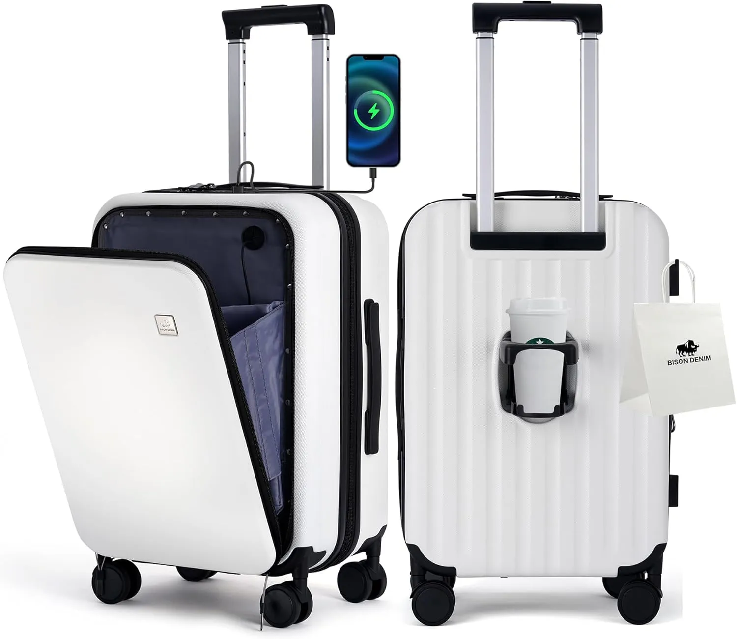 BISON DENIM 20 Inch Carry On Luggage, PC Lightweight Hardside Expandable Carry-On Luggage Airline Approved With Spinner Wheels, Front Compartment, Cup Holde, TSA-approved Lock, USB Port