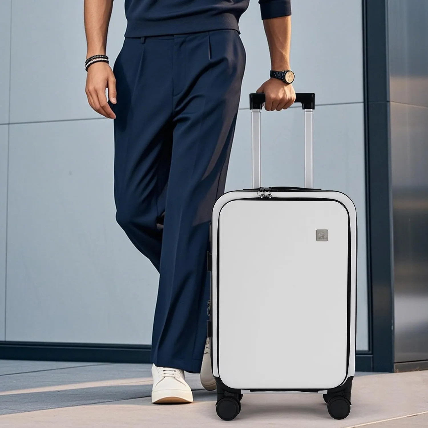 BISON DENIM 20 Inch Carry On Luggage, PC Lightweight Hardside Expandable Carry-On Luggage Airline Approved With Spinner Wheels, Front Compartment, Cup Holde, TSA-approved Lock, USB Port