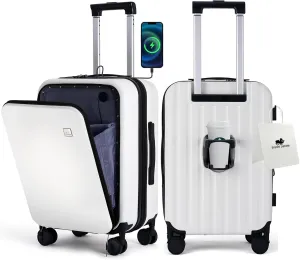 BISON DENIM 20 Inch Carry On Luggage, PC Lightweight Hardside Expandable Carry-On Luggage Airline Approved With Spinner Wheels, Front Compartment, Cup Holde, TSA-approved Lock, USB Port