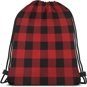 Black And Red Buffalo Drawstring Bags Backpack Bag Plaid Classic Pattern Tartan Art Stripes Sport Gym Sack Drawstring Bag String Bag Yoga Bag for Men Women