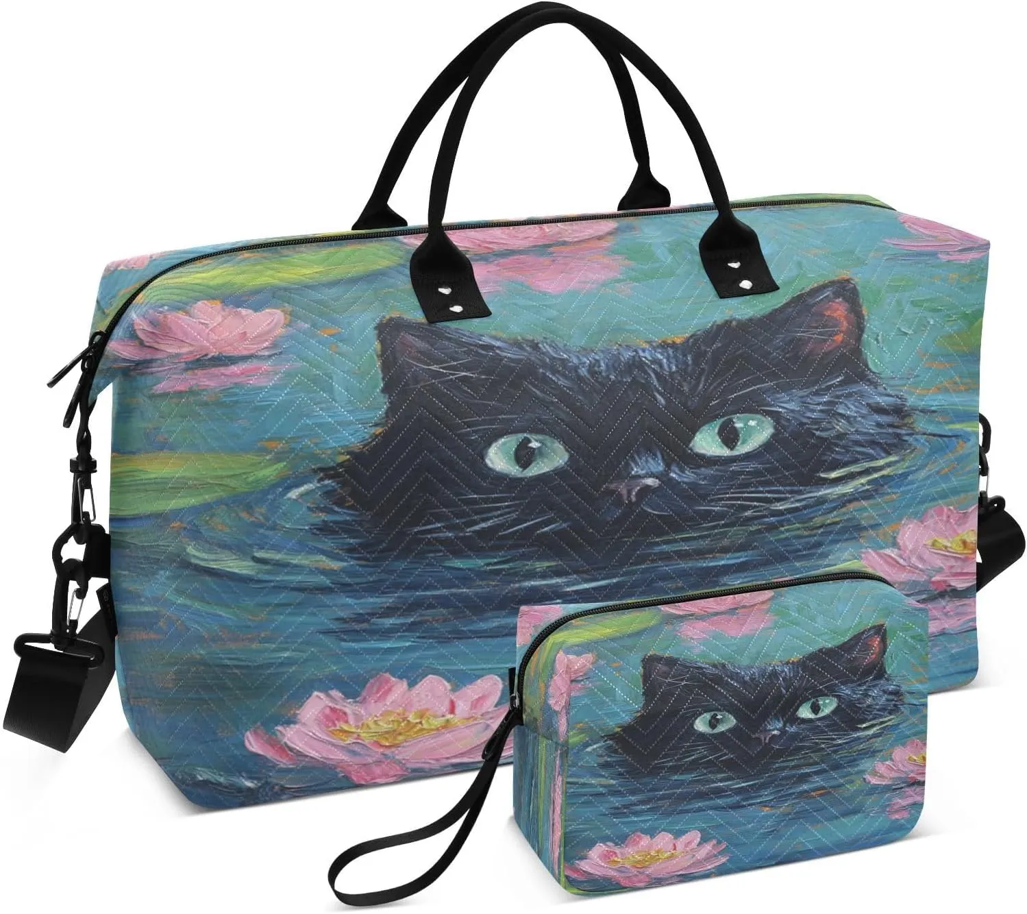Black Cat Waterlilies Teal Sports Gym Bag for Women Men Travel Duffel Bag Weekend Overnight Carry on Bag with Toiletry Bag for Swimming Yoga Workout Hospital Plane