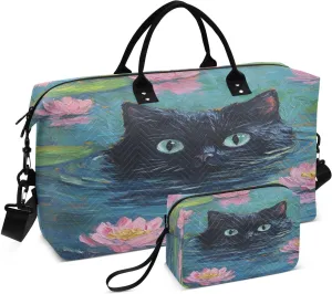 Black Cat Waterlilies Teal Sports Gym Bag for Women Men Travel Duffel Bag Weekend Overnight Carry on Bag with Toiletry Bag for Swimming Yoga Workout Hospital Plane