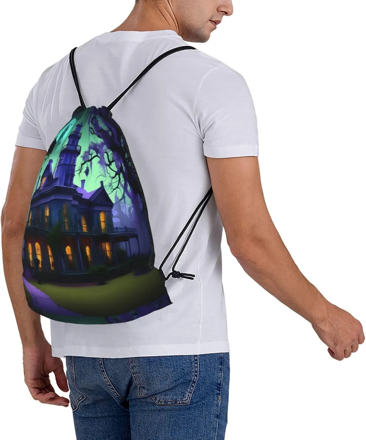 Black Haunted Mansion Drawstring Gym Bag Sports Sack Cinch Backpack String Pouch For Fitness Enthusiasts