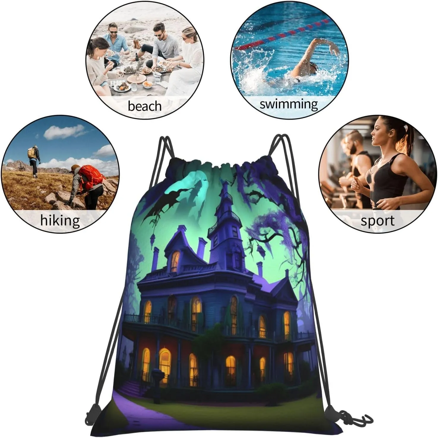 Black Haunted Mansion Drawstring Gym Bag Sports Sack Cinch Backpack String Pouch For Fitness Enthusiasts