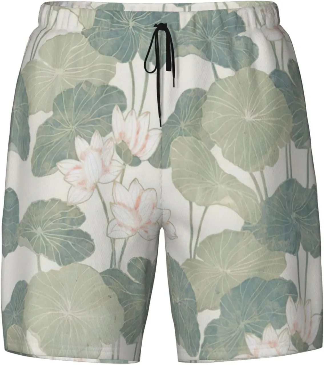 Black Lily Pads Print Men's Double Layer Swim Shorts, Gym Workout Shorts with Pocket