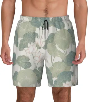 Black Lily Pads Print Men's Double Layer Swim Shorts, Gym Workout Shorts with Pocket
