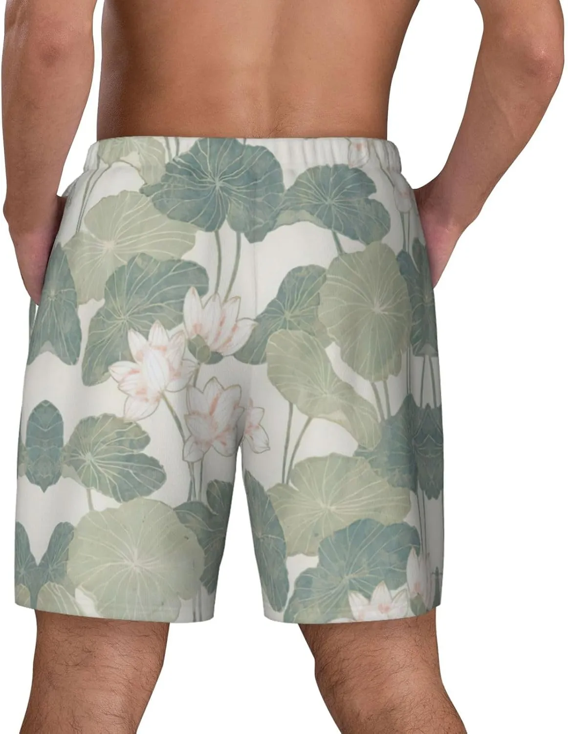 Black Lily Pads Print Men's Double Layer Swim Shorts, Gym Workout Shorts with Pocket