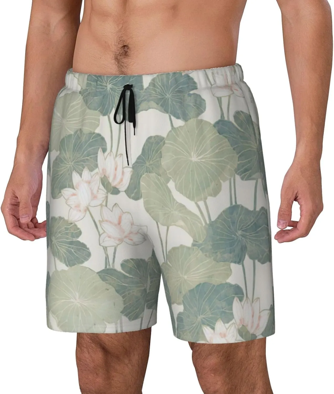 Black Lily Pads Print Men's Double Layer Swim Shorts, Gym Workout Shorts with Pocket