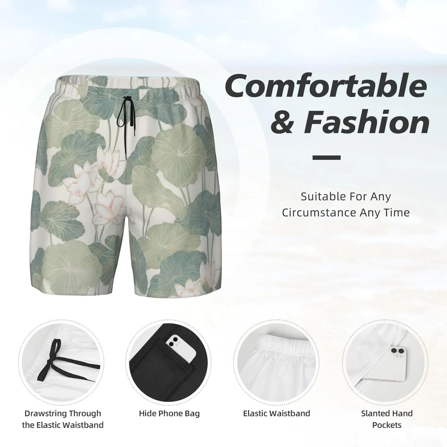 Black Lily Pads Print Men's Double Layer Swim Shorts, Gym Workout Shorts with Pocket