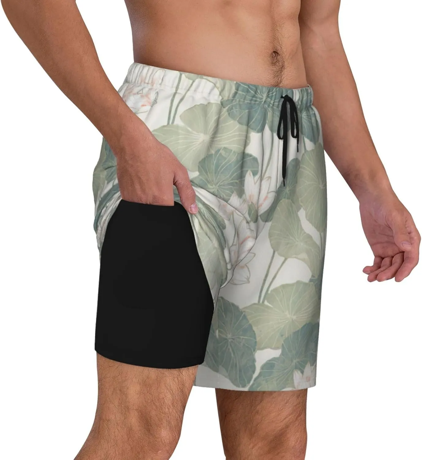 Black Lily Pads Print Men's Double Layer Swim Shorts, Gym Workout Shorts with Pocket