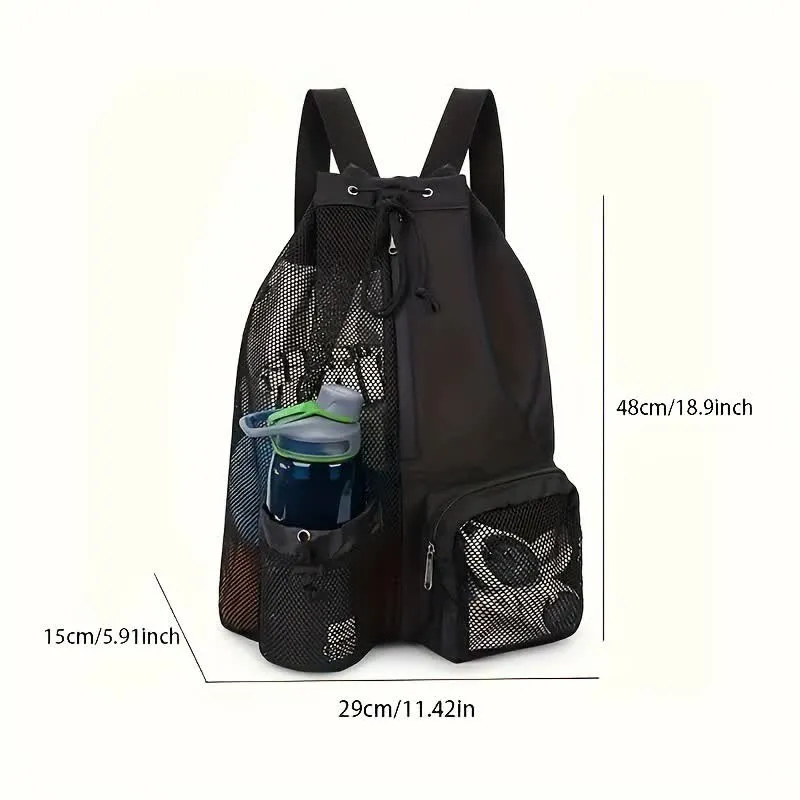 Black Mesh Drawstring Backpack - Lightweight Sports and Beach Bag with Pockets
