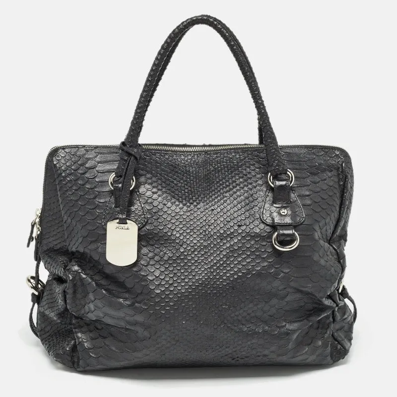 Black Python Embossed Leather Expandable Zip Satchel