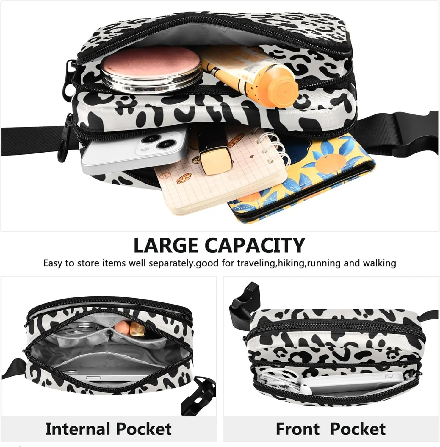 Black Spots White Leopard Print Womens Fanny Pack Bright Hip Pouch Belt Bag Waterproof Waist Pack for Women