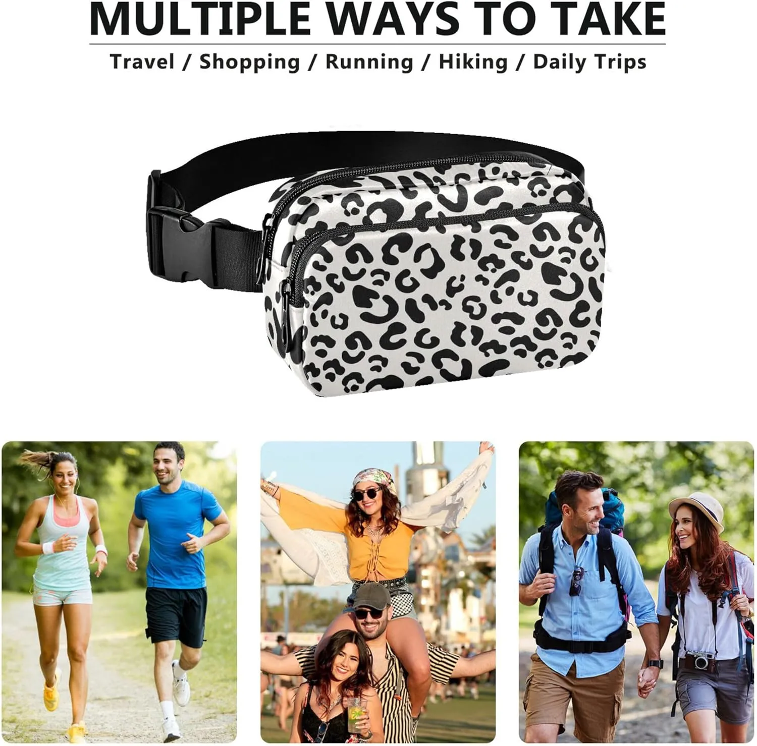 Black Spots White Leopard Print Womens Fanny Pack Bright Hip Pouch Belt Bag Waterproof Waist Pack for Women
