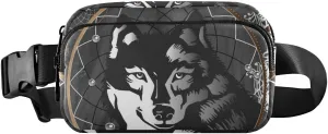 Black White Wolf in Dreamcatcher on Dark Grey Background Adjustable Belt Running Bag, Crossbody Fanny Pack Waist Runners Bag Tote for Women Men Sports Hiking Fitness Exercise Gym Pouch