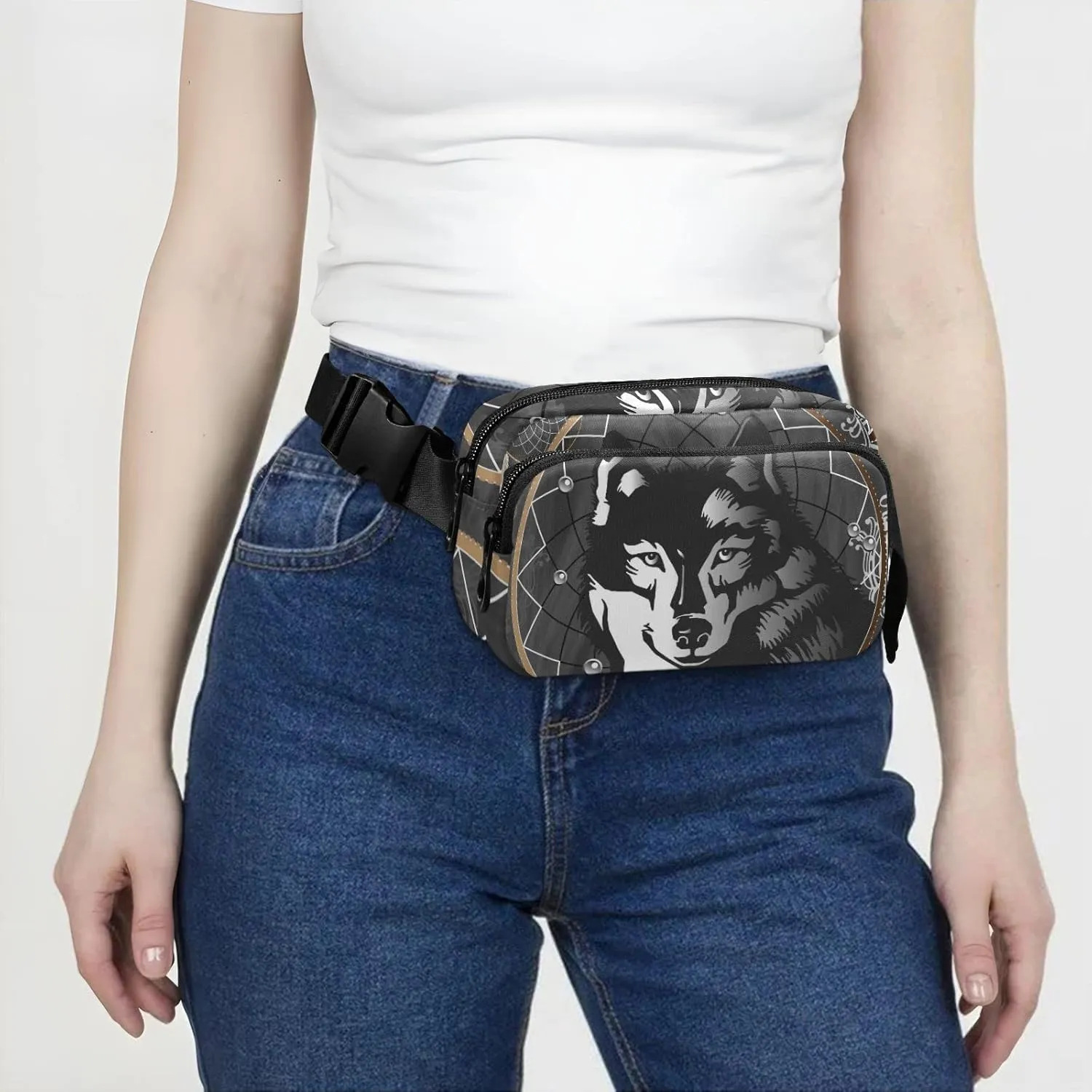 Black White Wolf in Dreamcatcher on Dark Grey Background Adjustable Belt Running Bag, Crossbody Fanny Pack Waist Runners Bag Tote for Women Men Sports Hiking Fitness Exercise Gym Pouch