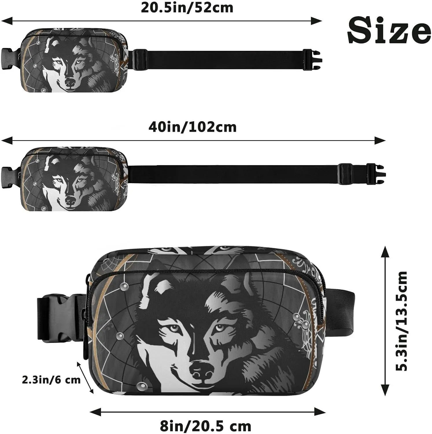 Black White Wolf in Dreamcatcher on Dark Grey Background Adjustable Belt Running Bag, Crossbody Fanny Pack Waist Runners Bag Tote for Women Men Sports Hiking Fitness Exercise Gym Pouch
