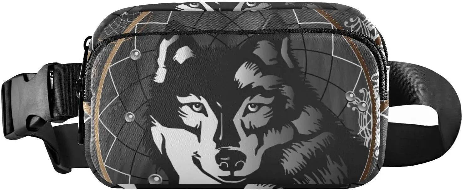 Black White Wolf in Dreamcatcher on Dark Grey Background Adjustable Belt Running Bag, Crossbody Fanny Pack Waist Runners Bag Tote for Women Men Sports Hiking Fitness Exercise Gym Pouch