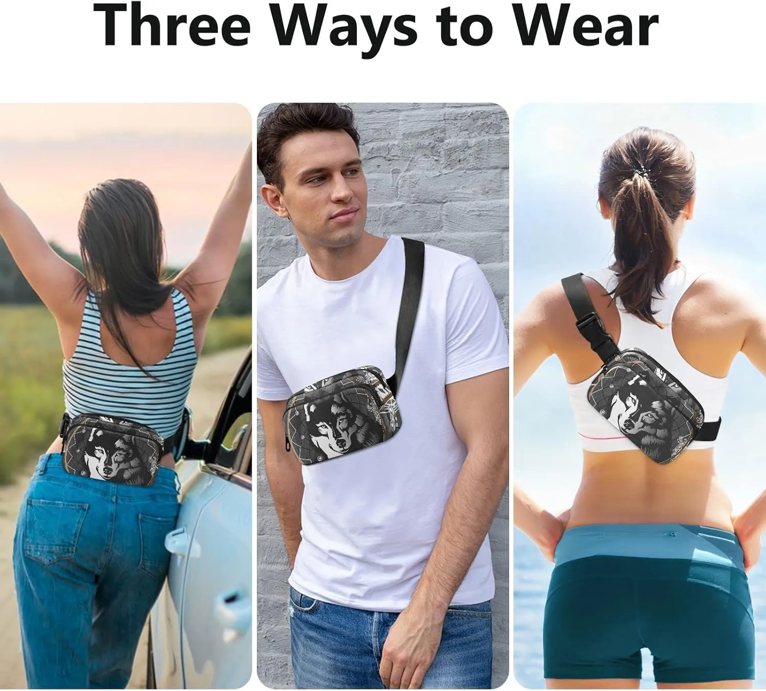 Black White Wolf in Dreamcatcher on Dark Grey Background Adjustable Belt Running Bag, Crossbody Fanny Pack Waist Runners Bag Tote for Women Men Sports Hiking Fitness Exercise Gym Pouch