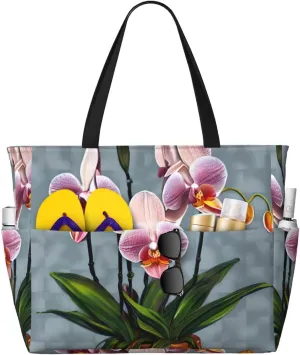 Blooming Orchids Print 28L Beach Tote Bag, Water-resistant Travel Tote, Lightweight Gym & Camping Carryall