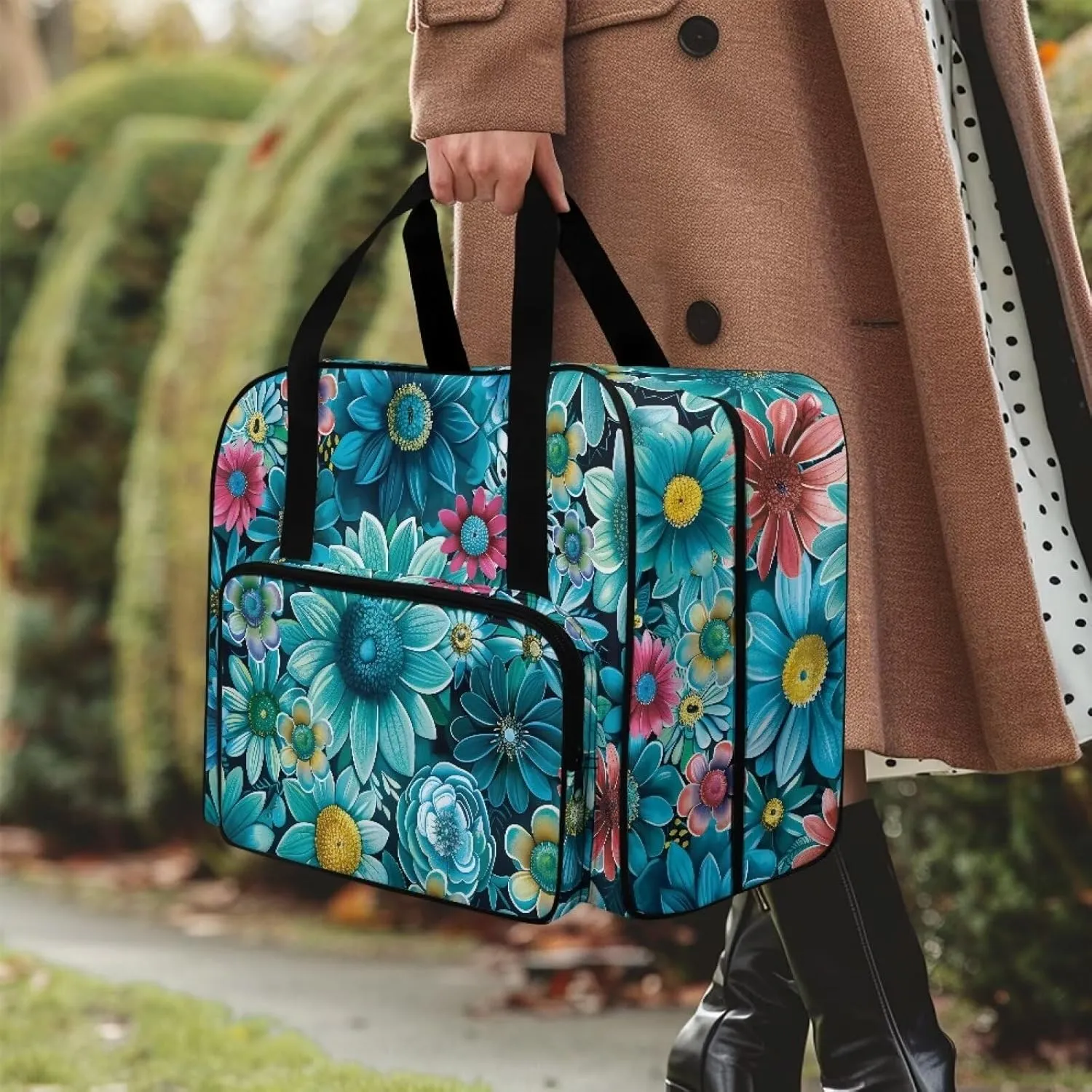 Blue Boho Flower Sewing Machine Tote Case Fits Most Sewing Machines, Sewing Bag with Handle - Portable Sewing Case